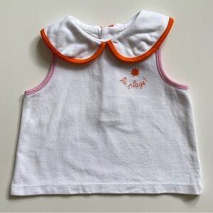 Jacadi Girls Embroidered “La Plage!” Sleeveless Polo w/ Orange & Pink Trim - 12M